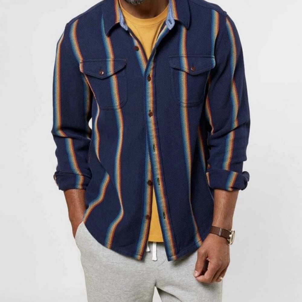 New Outerknown Blanket Shirt Mens Medium Blue Rainbow Stripe Organic Cotton-$148